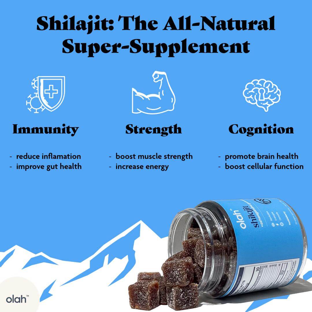 Olah Shilajit Gummies and Ashwagandha on a clean, modern background.