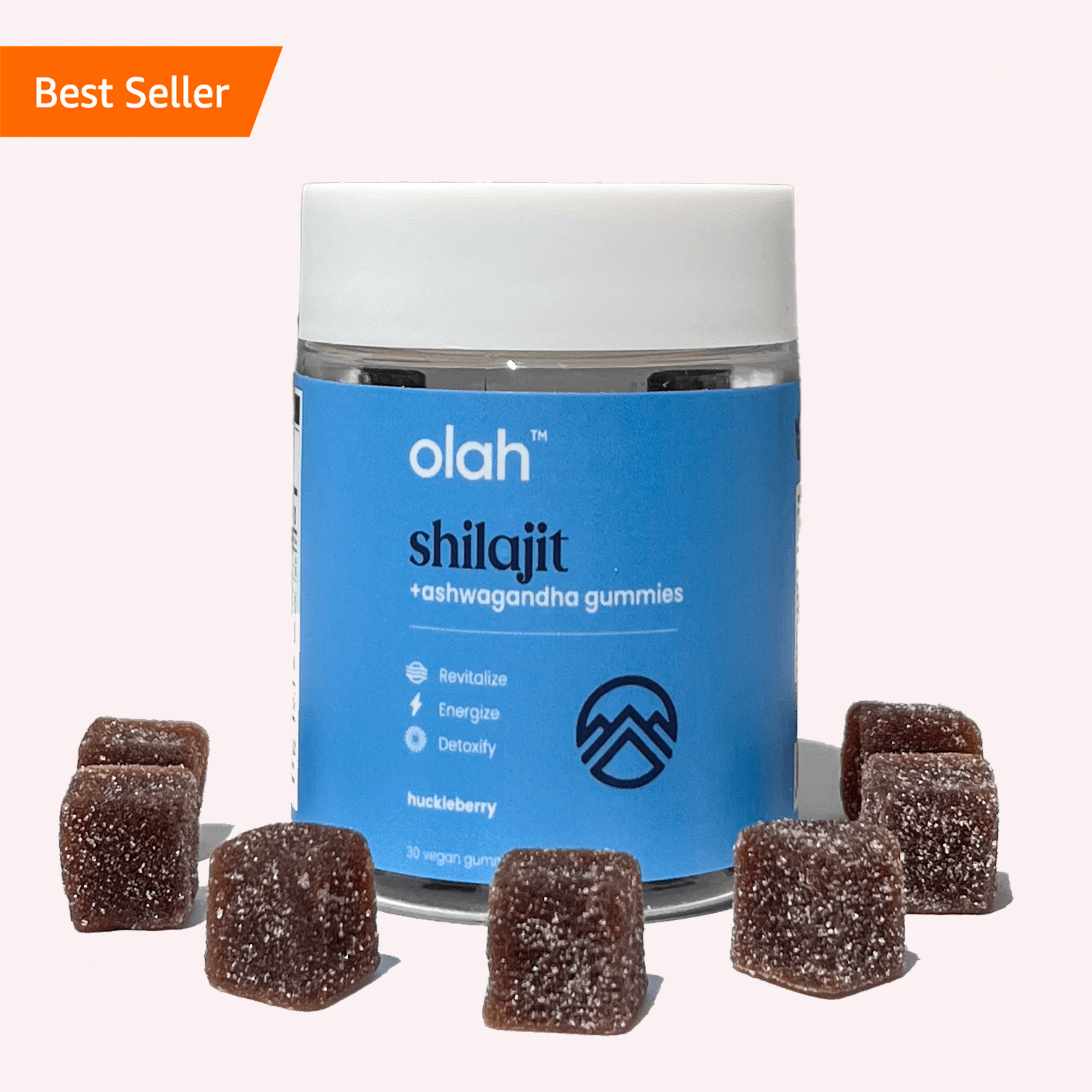 Olah Shilajit Gummies with Ashwagandha packaging showcasing natural ingredients.